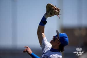 Creighton Bluejay first baseman Will MacLean (17) makes an out against the Xavier Musketeers during a college baseball game on Sunday, May 11, 2025 in Omaha, Nebraska. Photo by John S. Peterson.