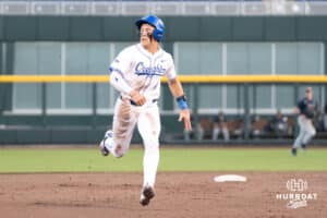 Creighton Bluejays Ben North runs to third during a baseball game against Xavier on May 9th, 2025 in Omaha Nebraska. Photo by Brandon Tiedemann.