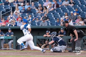 Creighton Bluejays Ben North hits during a baseball game against Xavier on May 9th, 2025 in Omaha Nebraska. Photo by Brandon Tiedemann.