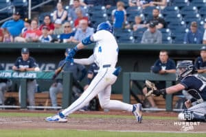 Creighton Bluejays Teddy Deters hits during a baseball game against Xavier on May 9th, 2025 in Omaha Nebraska. Photo by Brandon Tiedemann.