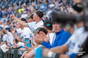 Creighton Bluejays dugout cheers during a baseball game against Xavier on May 9th, 2025 in Omaha Nebraska. Photo by Brandon Tiedemann.