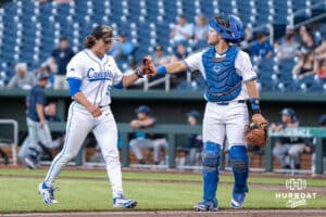Creighton Bluejays Dominic Cancellieri celebrates during a baseball game against Xavier on May 9th, 2025 in Omaha Nebraska. Photo by Brandon Tiedemann.