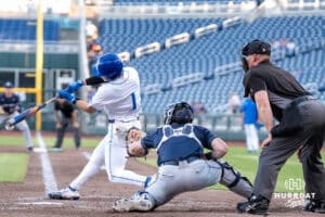 Creighton Bluejays Nolan Sailors hits during a baseball game against Xavier on May 9th, 2025 in Omaha Nebraska. Photo by Brandon Tiedemann.