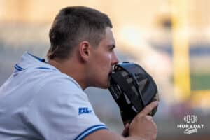 Creighton Bluejays Kyle Hess watches during a baseball game against Xavier on May 9th, 2025 in Omaha Nebraska. Photo by Brandon Tiedemann.