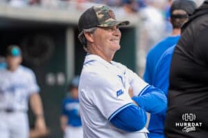 Creighton Bluejays Ed Servais smiles during a baseball game against Xavier on May 9th, 2025 in Omaha Nebraska. Photo by Brandon Tiedemann.