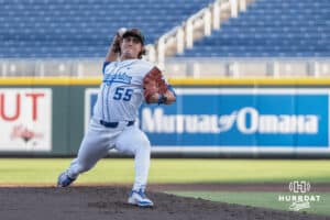 Creighton Bluejays Dominic Cancellieri pitches during a baseball game against Xavier on May 9th, 2025 in Omaha Nebraska. Photo by Brandon Tiedemann.