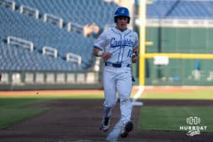 Creighton Bluejays Nick Venteicher scores during a baseball game against Xavier on May 9th, 2025 in Omaha Nebraska. Photo by Brandon Tiedemann.