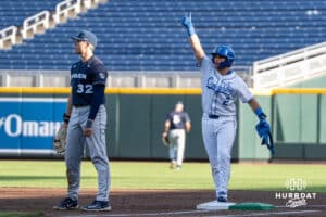 Creighton Bluejays Connor Capece celebrates during a baseball game against Xavier on May 9th, 2025 in Omaha Nebraska. Photo by Brandon Tiedemann.
