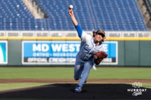 Creighton Bluejays Dominic Cancellieri pitches during a baseball game against Xavier on May 9th, 2025 in Omaha Nebraska. Photo by Brandon Tiedemann.