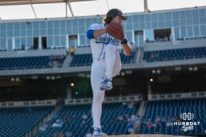 Creighton Bluejays Dominic Cancellieri warms up during a baseball game against Xavier on May 9th, 2025 in Omaha Nebraska. Photo by Brandon Tiedemann.