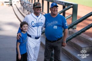 Creighton Bluejays Ed Servais poses with Ron Gradoville before a baseball game against Xavier on May 9th, 2025 in Omaha Nebraska. Photo by Brandon Tiedemann.