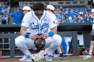 Creighton Bluejays Will MacLean prepares during a baseball game against Xavier on May 9th, 2025 in Omaha Nebraska. Photo by Brandon Tiedemann.