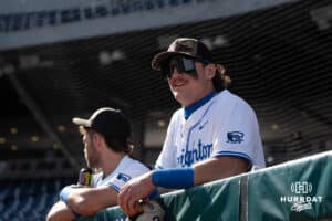 Creighton Bluejays Will MacLean smiles before a baseball game against Xavier on May 9th, 2025 in Omaha, Nebraska. Photo by Brandon Tiedemann.