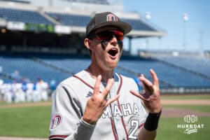 Omaha Mavericks Jackson Trout celebrates after a baseball game Tuesday , April 29th, 2025 in Omaha, Nebraska. Photo by Brandon Tiedemann.
