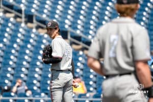 Omaha Mavericks Cameron Teinert looks back during a baseball game Tuesday , April 29th, 2025 in Omaha, Nebraska. Photo by Brandon Tiedemann.