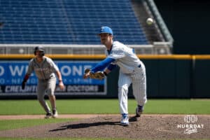 Creighton Bluejays Shane Curtin pitches during a baseball game Tuesday , April 29th, 2025 in Omaha, Nebraska. Photo by Brandon Tiedemann.