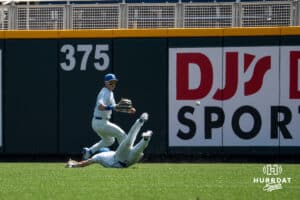 Creighton Bluejays Teddy Deters dives for a ball during a baseball game Tuesday , April 29th, 2025 in Omaha, Nebraska. Photo by Brandon Tiedemann.