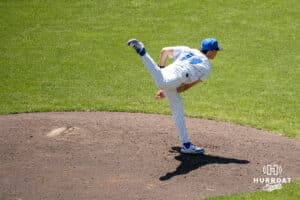 Creighton Bluejays Shea Wendt pitches during a baseball game Tuesday , April 29th, 2025 in Omaha, Nebraska. Photo by Brandon Tiedemann.