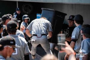 Omaha Mavericks Grant Sommers celebrates during a baseball game Tuesday , April 29th, 2025 in Omaha, Nebraska. Photo by Brandon Tiedemann.