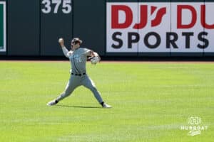 Omaha Mavericks Blake Stenger throws the ball in during a baseball game Tuesday , April 29th, 2025 in Omaha, Nebraska. Photo by Brandon Tiedemann.
