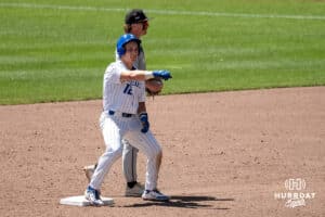 Creighton Bluejays Nick Venteicher celebrates a double during a baseball game Tuesday , April 29th, 2025 in Omaha, Nebraska. Photo by Brandon Tiedemann.