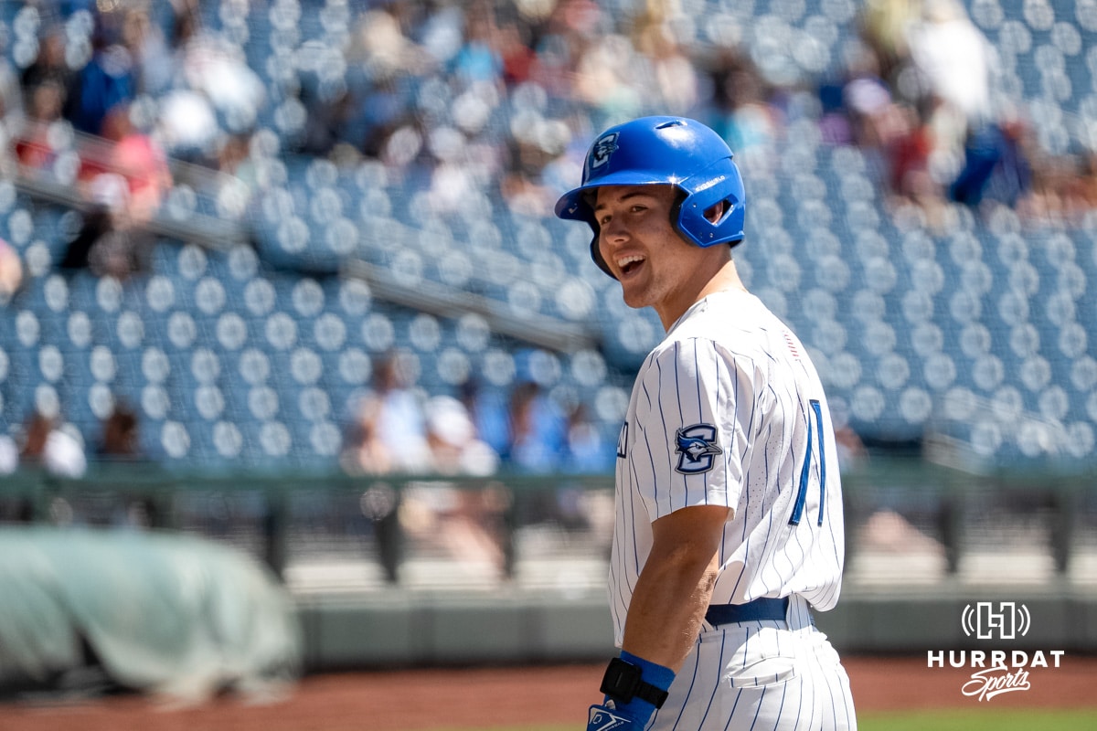 Creighton vs Omaha | April 29, 2025 Creighton Bluejays Ben North talks to the ump during a baseball game Tuesday , April 29th, 2025 in Omaha, Nebraska. Photo by Brandon Tiedemann.