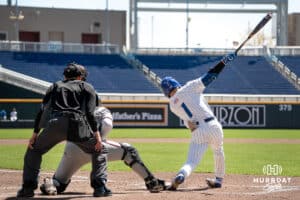 Creighton Bluejays Nolan Sailors hits during a baseball game Tuesday , April 29th, 2025 in Omaha, Nebraska. Photo by Brandon Tiedemann.