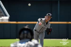 Omaha Mavericks Isaac Cychosz pitches during a baseball game Tuesday , April 29th, 2025 in Omaha, Nebraska. Photo by Brandon Tiedemann.