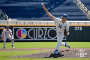 Creighton Bluejays Henry Prindl pitches during a baseball game Tuesday , April 29th, 2025 in Omaha, Nebraska. Photo by Brandon Tiedemann.