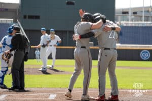 Omaha Mavericks Tyler Bishop celebrates a home-run during a baseball game Tuesday , April 29th, 2025 in Omaha, Nebraska. Photo by Brandon Tiedemann.