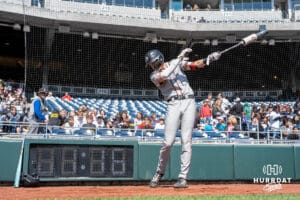 Omaha Mavericks Jackson Trout warms-up during a baseball game Tuesday , April 29th, 2025 in Omaha, Nebraska. Photo by Brandon Tiedemann.