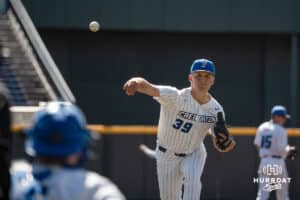 Creighton Bluejays Henry Prindl pitches during a baseball game Tuesday , April 29th, 2025 in Omaha, Nebraska. Photo by Brandon Tiedemann.