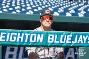 Omaha Mavericks Kael Babin waits to warm up before a baseball game Tuesday , April 29th, 2025 in Omaha, Nebraska. Photo by Brandon Tiedemann.