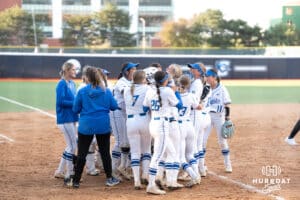 Creighton Bluejays celebrate a win during a softball game against Seton Hall Friday, May 2nd 2025 in Omaha, Nebraska. Photo by Brandon Tiedemann.