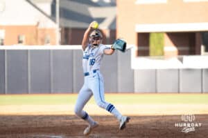 Creighton Bluejay pitcher Kenzie Schopfer (16) pitches during a softball game against Seton Hall Friday, May 2nd 2025 in Omaha, Nebraska. Photo by Brandon Tiedemann.