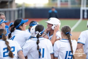 Creighton Bluejays cheer during a softball game against Seton Hall Friday, May 2nd 2025 in Omaha, Nebraska. Photo by Brandon Tiedemann.