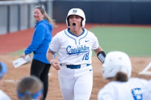 Creighton Bluejay Sydney Potter (18) celebrates the go ahead home run during a softball game against Seton Hall Friday, May 2nd 2025 in Omaha, Nebraska. Photo by Brandon Tiedemann.