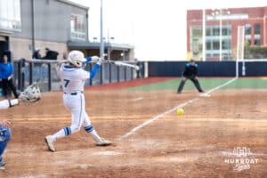 Creighton Bluejay infielder Ashley Smetter (7) hits during a softball game against Seton Hall Friday, May 2nd 2025 in Omaha, Nebraska. Photo by Brandon Tiedemann.