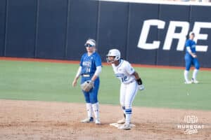 Creighton Bluejay infielder Erika Perez (12) celebrates a double during a softball game against Seton Hall Friday, May 2nd 2025 in Omaha, Nebraska. Photo by Brandon Tiedemann.