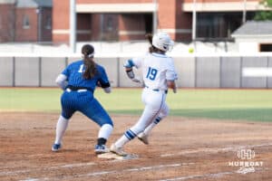 Creighton Bluejay outfielder Avery Barnard (19) beats the throw during a softball game against Seton Hall Friday, May 2nd 2025 in Omaha, Nebraska. Photo by Brandon Tiedemann.