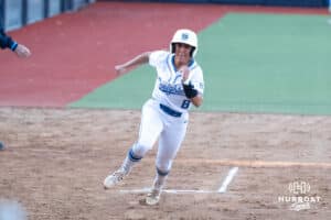 Creighton Bluejay catcher Lily West (8) runs home during a softball game against Seton Hall Friday, May 2nd 2025 in Omaha, Nebraska. Photo by Brandon Tiedemann.