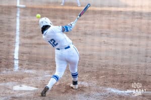 Creighton Bluejay infielder Erika Perez (12) gets a hit during a softball game against Seton Hall Friday, May 2nd 2025 in Omaha, Nebraska. Photo by Brandon Tiedemann.
