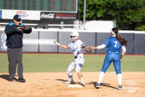 Creighton Bluejay outfielder Sydra Seville (3) steals during a softball game against Seton Hall Friday, May 2nd 2025 in Omaha, Nebraska. Photo by Brandon Tiedemann.