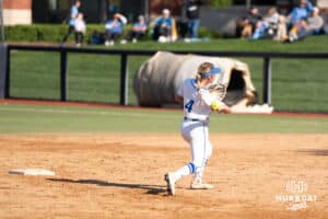 Creighton Bluejay infielder Ashten Pierson (4) throws to first base during a softball game against Seton Hall Friday, May 2nd 2025 in Omaha, Nebraska. Photo by Brandon Tiedemann.