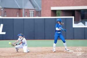 Creighton Bluejay Hannah Poole (22) fields a ball during a softball game against Seton Hall Friday, May 2nd 2025 in Omaha, Nebraska. Photo by Brandon Tiedemann.