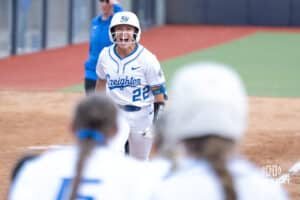 Creighton Bluejay Hannah Poole (22) celebrates during a softball game against Seton Hall Friday, May 2nd 2025 in Omaha, Nebraska. Photo by Brandon Tiedemann.