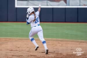 Creighton Bluejay Hannah Poole (22) rounds the bases after a home run during a softball game against Seton Hall Friday, May 2nd 2025 in Omaha, Nebraska. Photo by Brandon Tiedemann.