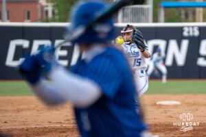 Creighton Bluejay pitcher Brooklyn Patchen (15) pitches during a softball game against Seton Hall Friday, May 2nd 2025 in Omaha, Nebraska. Photo by Brandon Tiedemann.