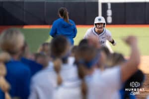 Creighton Bluejay Kaelan Schultz (6) cheers after a homer during a softball game against Seton Hall Friday, May 2nd 2025 in Omaha, Nebraska. Photo by Brandon Tiedemann.