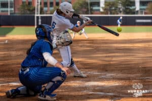 Creighton Bluejay Kaelan Schultz (6) hits a homer during a softball game against Seton Hall Friday, May 2nd 2025 in Omaha, Nebraska. Photo by Brandon Tiedemann.